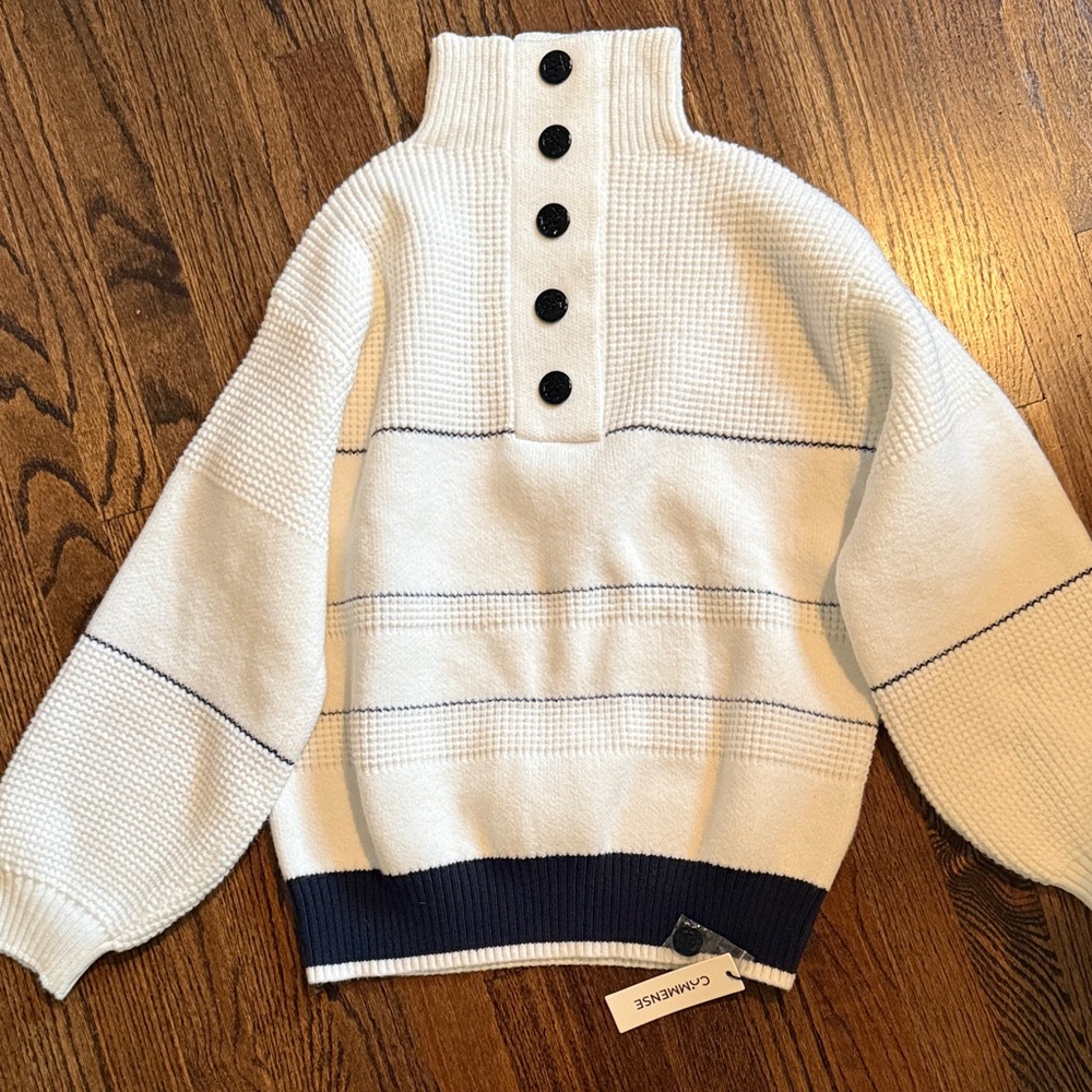 Commense Ivory Cowl Neck Sweater with Navy Stripe - Picture 2 of 3